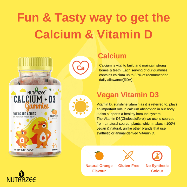 Calcium + vegan Vitamin D3 Supplement gummies for Kids & Adults Online India