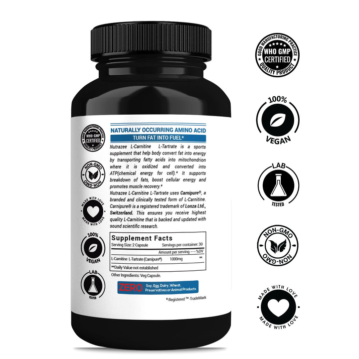 Nutrazee L-Carnitine L-Tartrate Carnipure™, 60 Vegan Capsules - Nutrazee