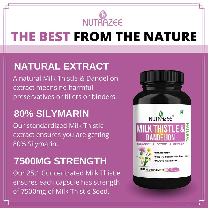Nutrazee Milk Thistle Extract (80% Silymarin) with Dandelion, 60 Vegan Capsules - Nutrazee