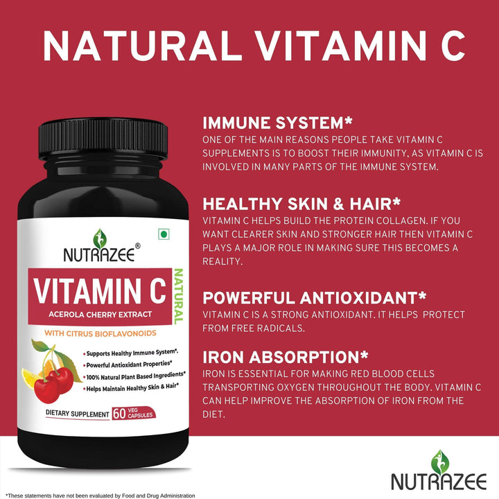 Nutrazee Natural Vitamin C Plant Based, Acerola Cherry Extract, 60 Vegan Capsules - Nutrazee