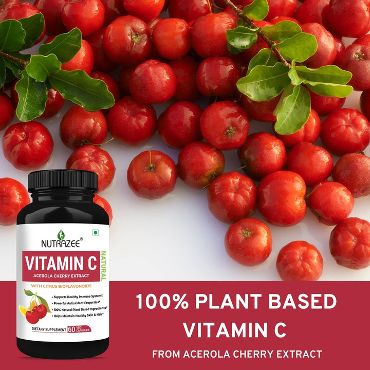 Nutrazee Natural Vitamin C Plant Based, Acerola Cherry Extract, 60 Vegan Capsules - Nutrazee