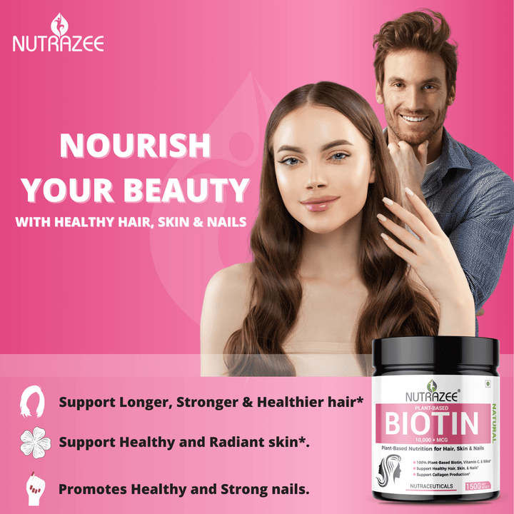 nutrazee plant based biotin powder for hair skin nails nourish beauty vegan online India 